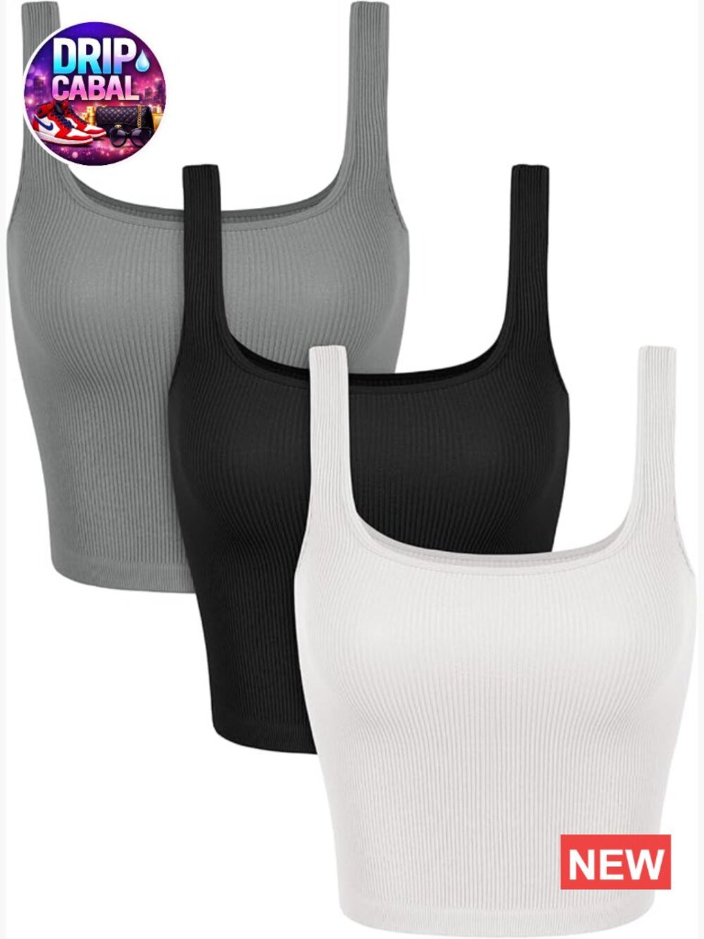 Seamless Square Neck Crop Tank 3-Pack Ribbed Knit Low Back Tanks